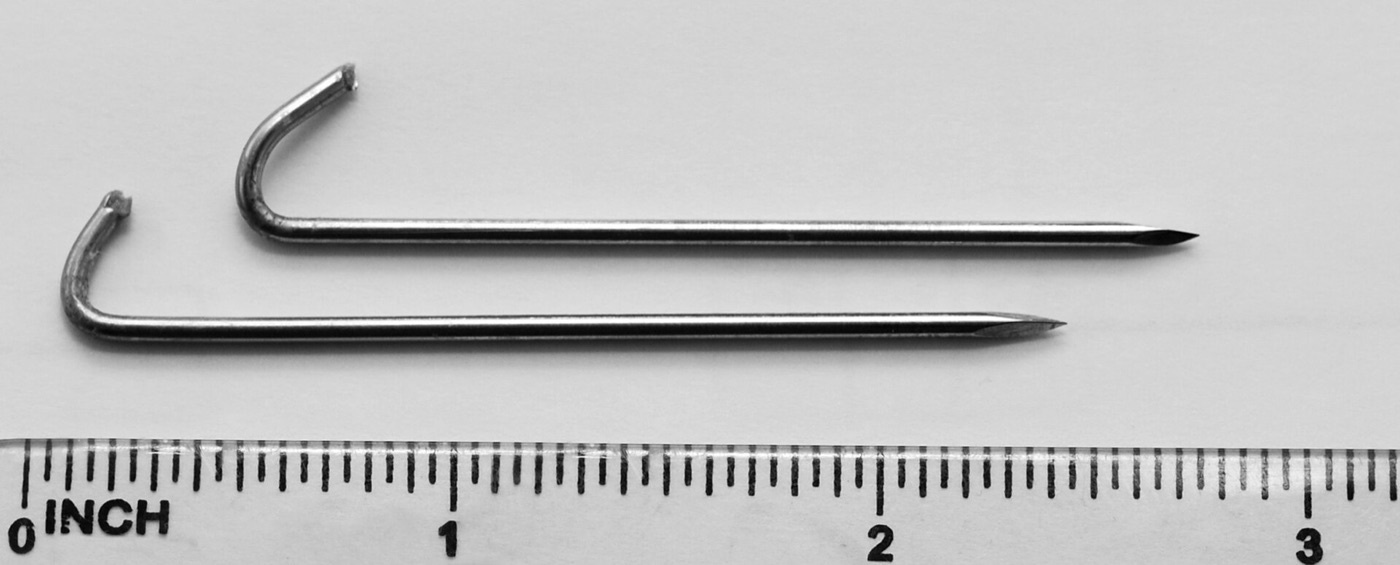 Figure 13. Kirschner wires, used for percutaneous pin fixation after closed reduction of a distal-radius fracture - the common minimally invasive step beyond a cast when a reduction will not hold. Source: Ard0, via Wikimedia Commons. Public domain.