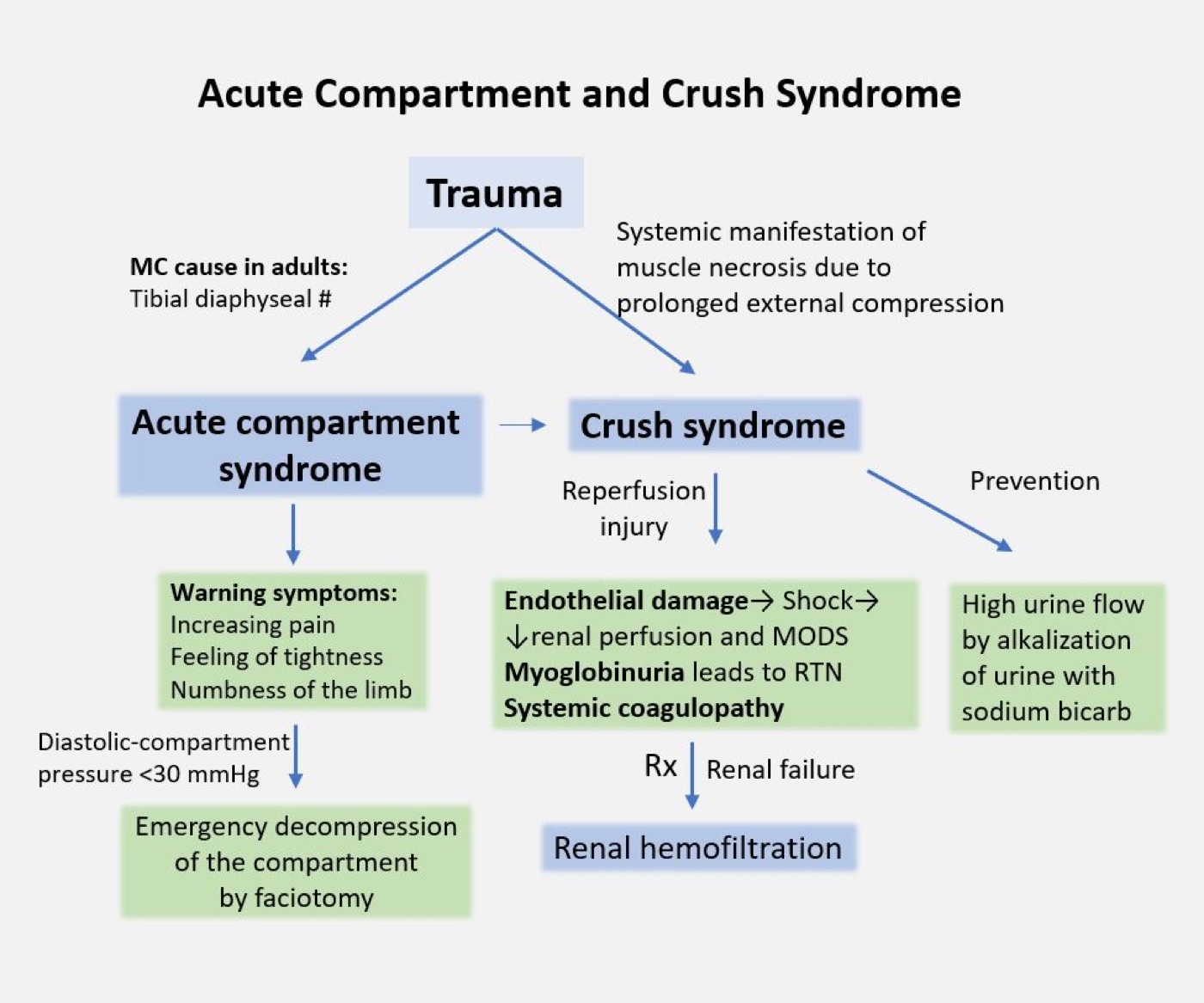 Figure 9. The pathophysiology and management of acute compartment and crush syndrome, summarised. Source: Dr Vijaya Chandar, via Wikimedia Commons, CC BY-SA 4.0.